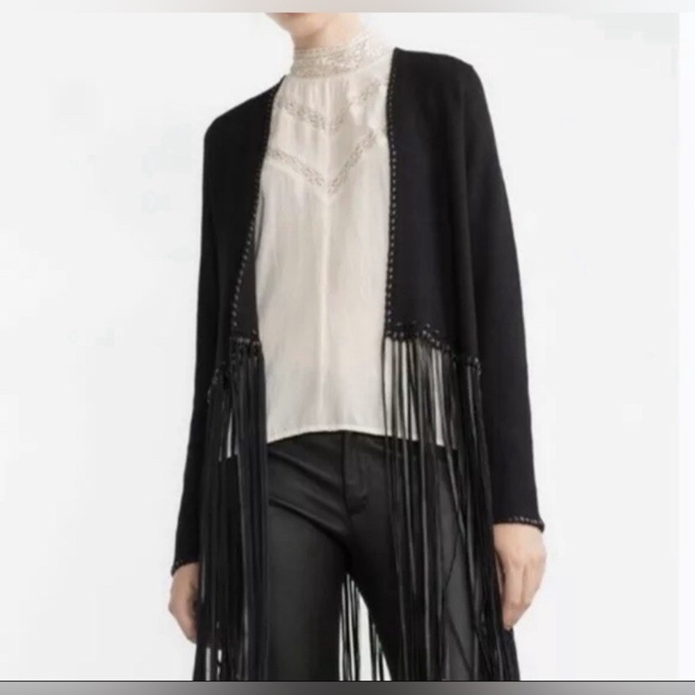 GUC Zara Black Fringe Cardigan Size S as seen on Olivia Palermo